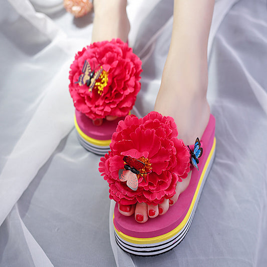 Tongs à plateforme pour vêtements d'extérieur à la mode avec fleurs mignonnes