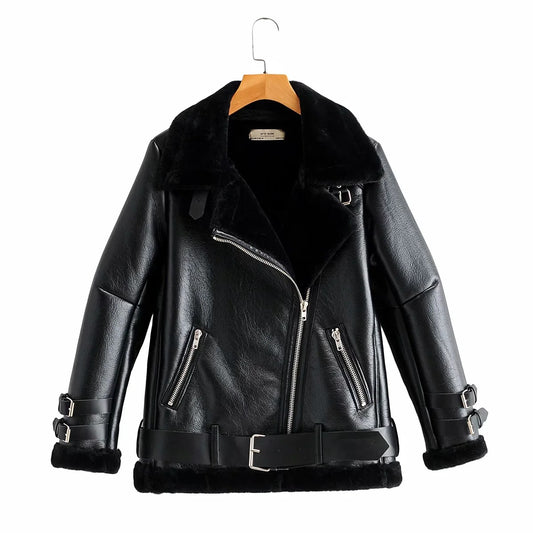 Large Lapel Pu Leather Oblique Zipper Leather Jacket - ladieskits - 0