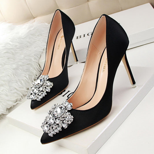 Black High Heels Women Stiletto Professional Leather Shoes Pointed Toe - ladieskits - 0