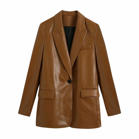 Trendy Temperament Faux Leather Suit Jacket - ladieskits - 0