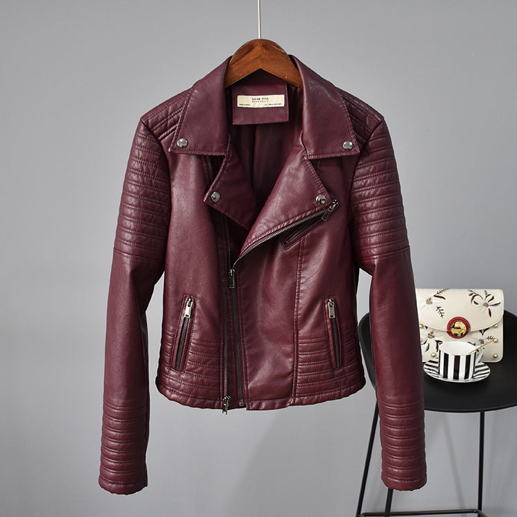 Rivet Suit Collar Women Washed PU Leather Jacket - ladieskits - 0