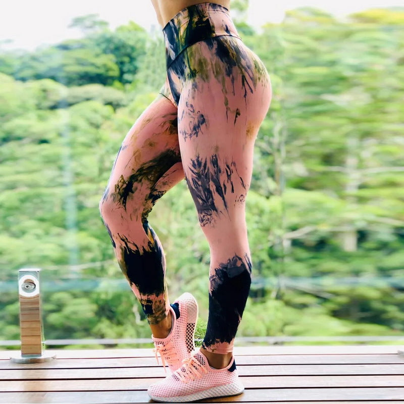 Fitness High Elastic Sports Leggings Training Abstract Ink Pattern High Waist Yoga Leggings - ladieskits