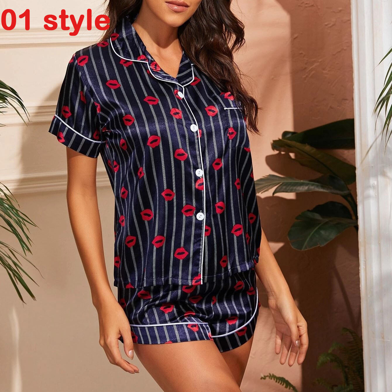 Summer Satin Women Pajams Print V-Neck Stretch Lingerie Female Sleepwear Casual Shorts Set Loungewear Women - ladieskits - women pajamas