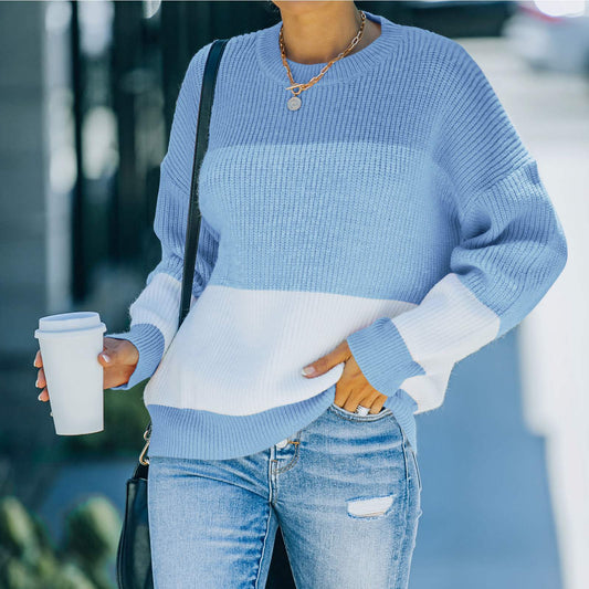 Women Knitted Stitching Loose Contrast Sweater - ladieskits - sweatshirt vs sweater