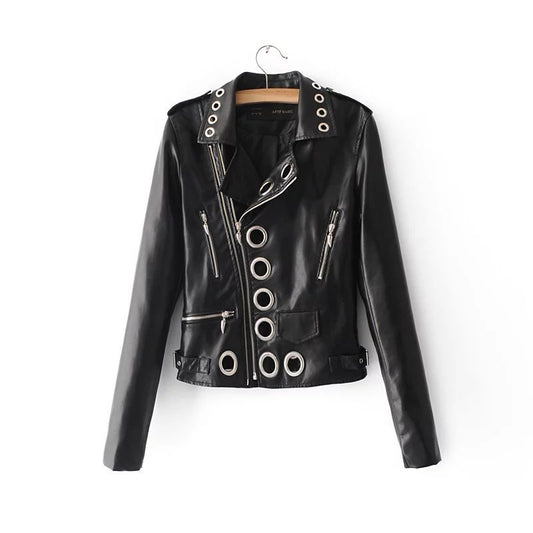 Ladies Fashion Hollow Pu Leather Jacket - ladieskits - 0
