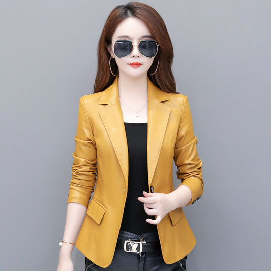 Suit collar small leather jacket - ladieskits - 0