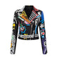 Printed Hit Color Jacket Motorcycle Leather Jacket Women's Suit Collar Trendy Jacket - ladieskits - 0