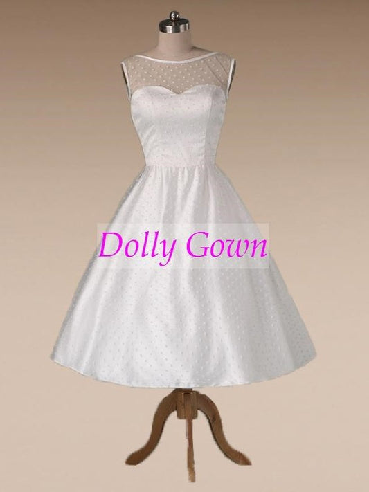 Robe de mariée vintage à pois des années 1950, longueur thé avec reliure en satin, robe de mariée courte de style Pin Up des années 50, DO021