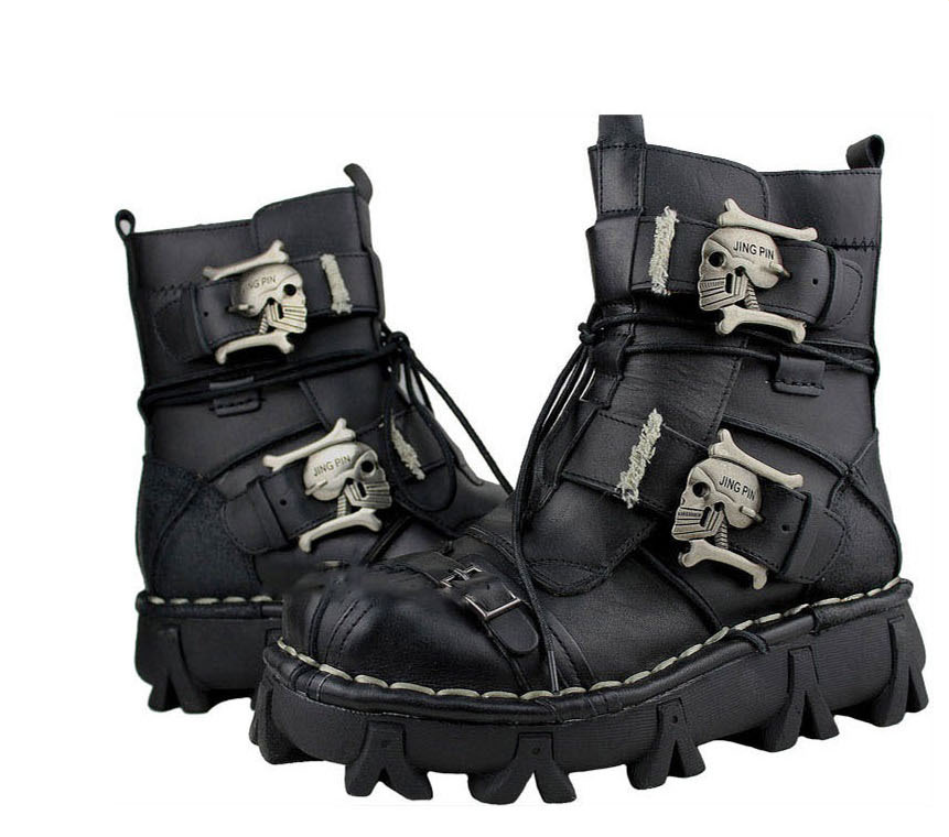 Men's Cowhide Genuine Leather Motorcycle Boots Military Combat Boots Gothic Skull Punk Boots - ladieskits - 0