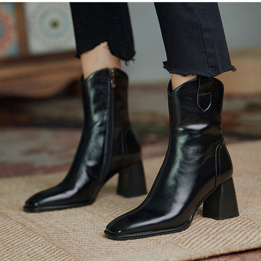 Women Boots Ankle Sock Boots High Heels Square Pointed Toe Leather - ladieskits - 0