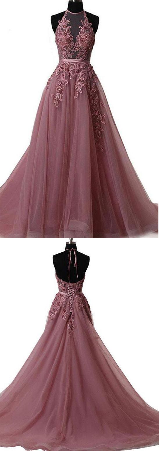 2019 Long Sweep Train Halter Dazzling Top Tulle Modest Prom Dress, GDC1160