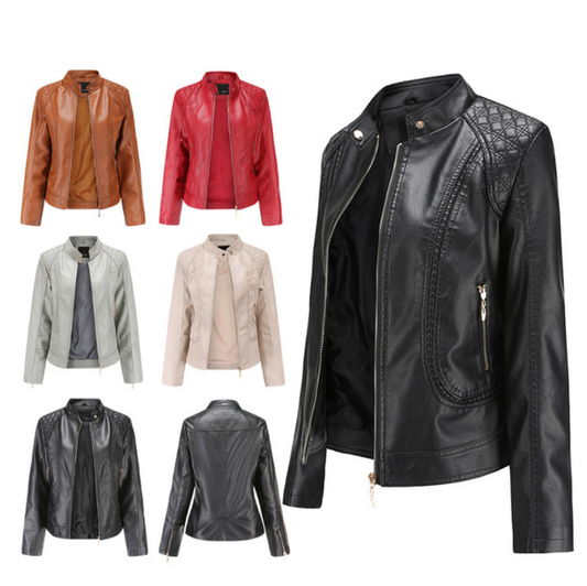 Stand-up collar PU leather jacket women - ladieskits - 0