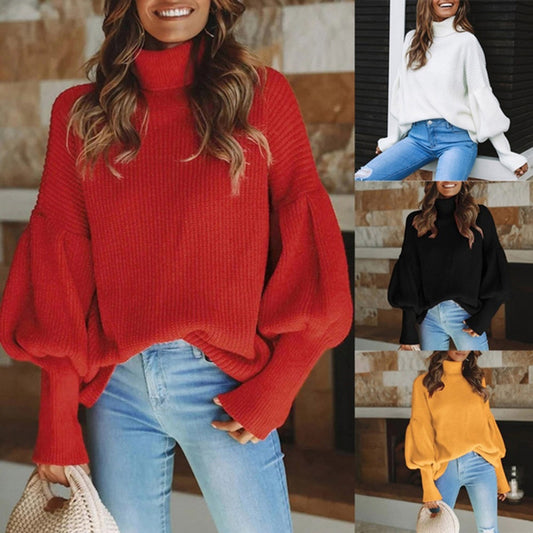Autumn Winter Sweater Women's Solid High Collar Long Sleeve Knitted Top