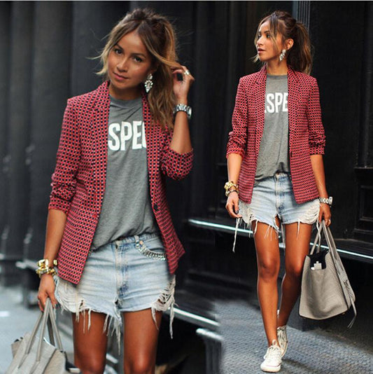 Clearence Red Plaid LapeL Long Sleeve Short Blazer Coat