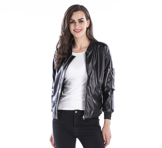 Amazon hot sale pu 2021 autumn Europe and the United States trend zipper leather jacket stand collar black jacket leather women - ladieskits - 0