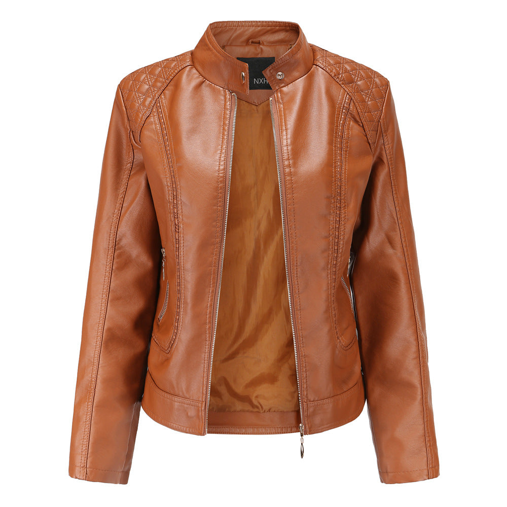 Women's stand collar PU leather jacket - ladieskits - 0