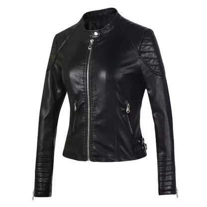 Standing Collar Motorcycle Pu Slim Leather Jacket Women Short - ladieskits - 0