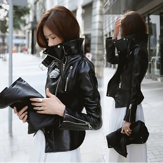 Leather women's jacket autumn 2021 new Korean students Slim thin motorcycle leather jacket high waist - ladieskits - 0