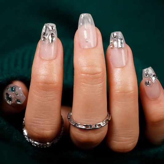 Handgemachte massive nackte Diamant Pailletten Medium Squoval Maniküre drücken auf Nägel 
