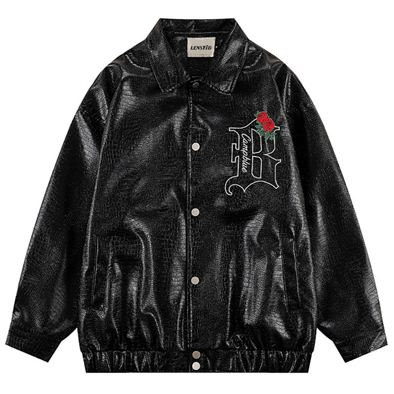 Rose Embroidered PU Leather Statement Jacket - ladieskits - 0