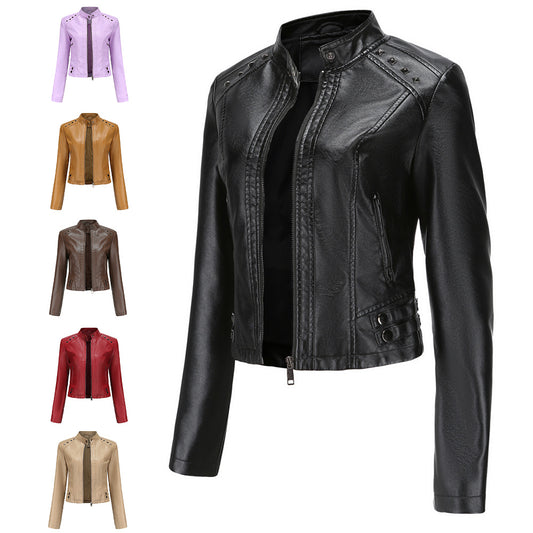 Studded Leather Women Short Jacket Long Sleeves - ladieskits - 0
