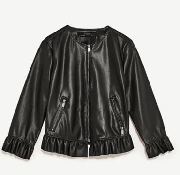 Ruffle cropped round-neck leather jacket - ladieskits - 0