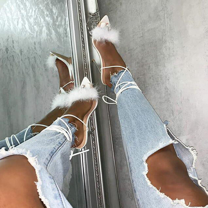 Feather strap crystal high heels - ladieskits - 0