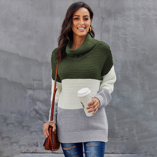 Winter sweater women stitching color high neck long sleeve pullover - ladieskits - sweatshirt vs sweater