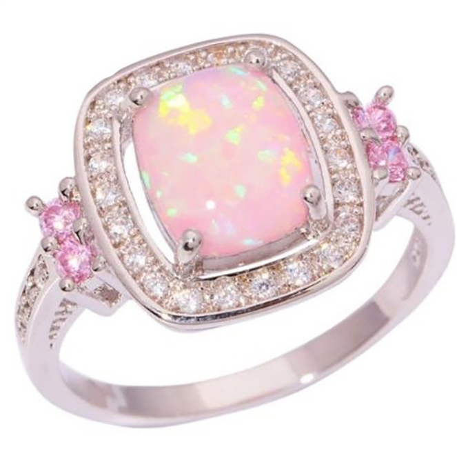Austrian Crystal Rose Opal Ring Fashion Jewelry Wholesale New Luxury Women Gift Silver Color Big Square Opal Fire Rings - ladieskits - 0
