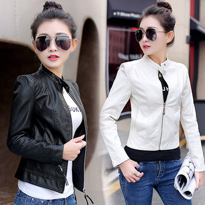 Korean women's skinny motorcycle leather jacket - ladieskits - 0