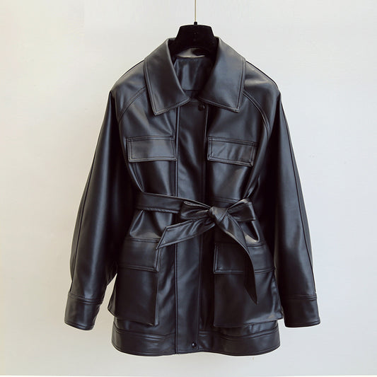 Leather jacket motorcycle clothing leather windbreaker - ladieskits - 0