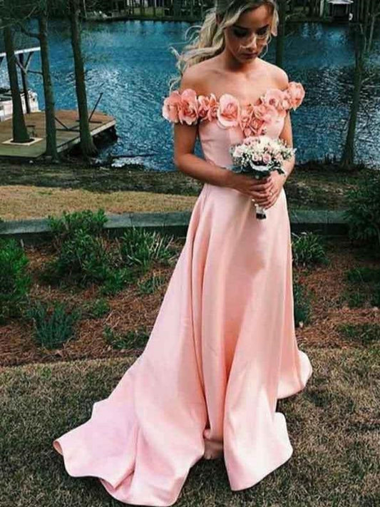 Fleurs 3D épaules dénudées robe de bal rose blush, robe formelle de 8e année, GDC1273