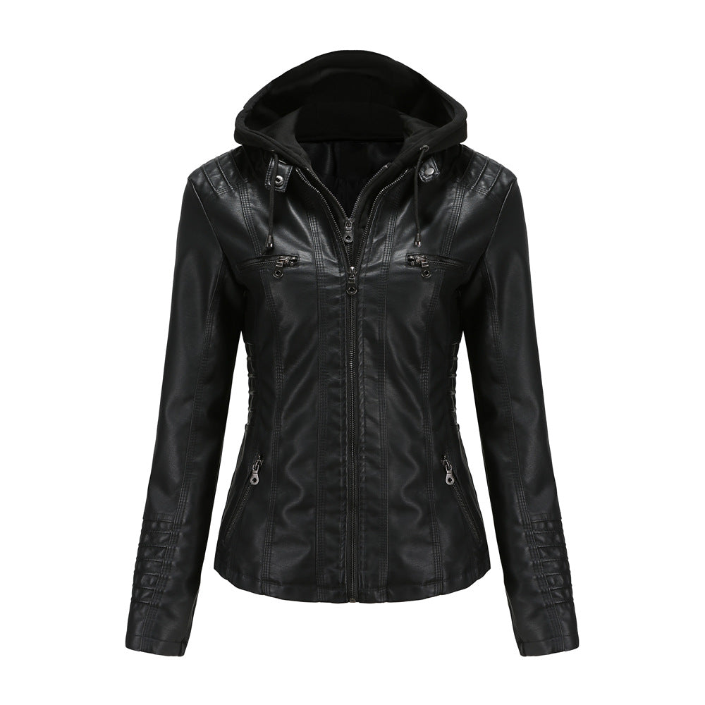 Detachable Two-piece Hooded Leather Jacket - ladieskits - 0