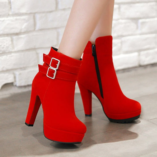 Red women's boots wedding shoes bride high heel boots small size boots - ladieskits - 0
