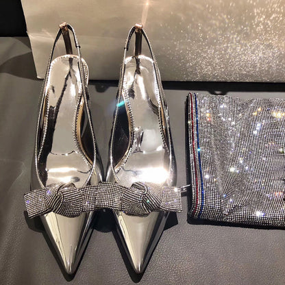 High heels with pointed silver bow - ladieskits - 0