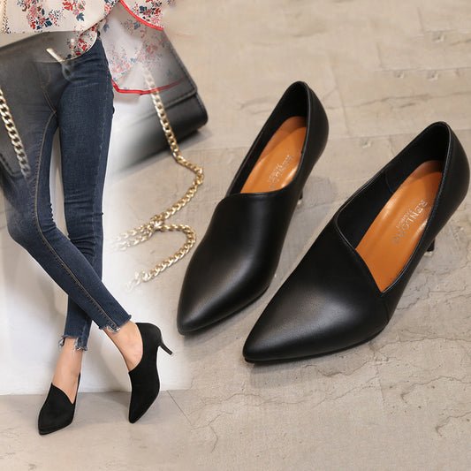Working shoes black women small high heels single shoes 2021 new fine heels andleather shoes wholesale European and American women shoes - ladieskits - 0