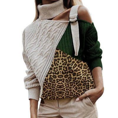 Winter women sweater leopard stitching sweater