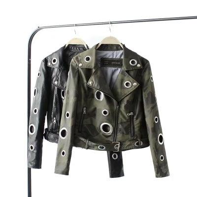 Hollow loop leather motorcycle biker jacket - ladieskits - 0