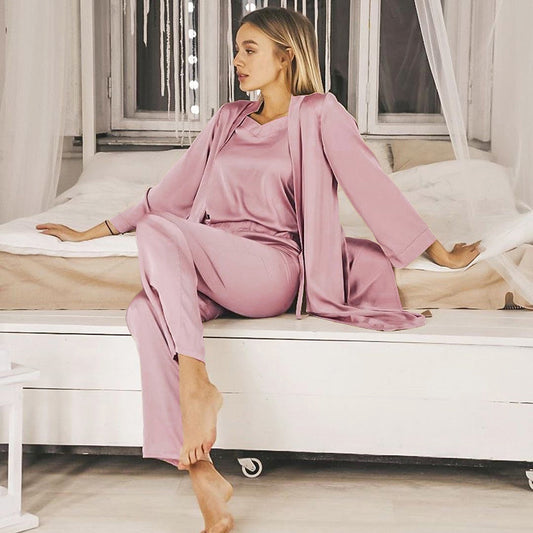 Satin Pink Simple Pajamas Suit Women Nightgown - ladieskits - women pajamas