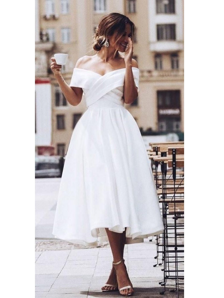 50s Style Off The Shoulder Tea Length Full Skirt Wedding Dress,Rockailly Wedding Dress,20081620
