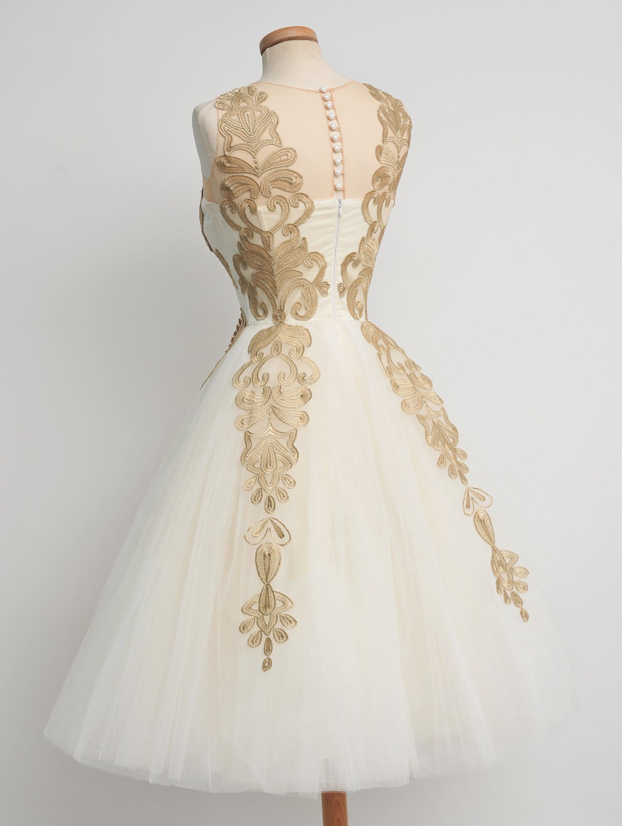 50s Vintage Tea Length Prom Dress  with Gold Lace Appliques,GDC1209