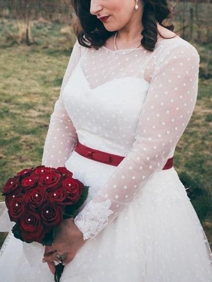 50s inspired Country Style Rockabilly Tea Length Wedding Dresses with Sleeves,GDC1519