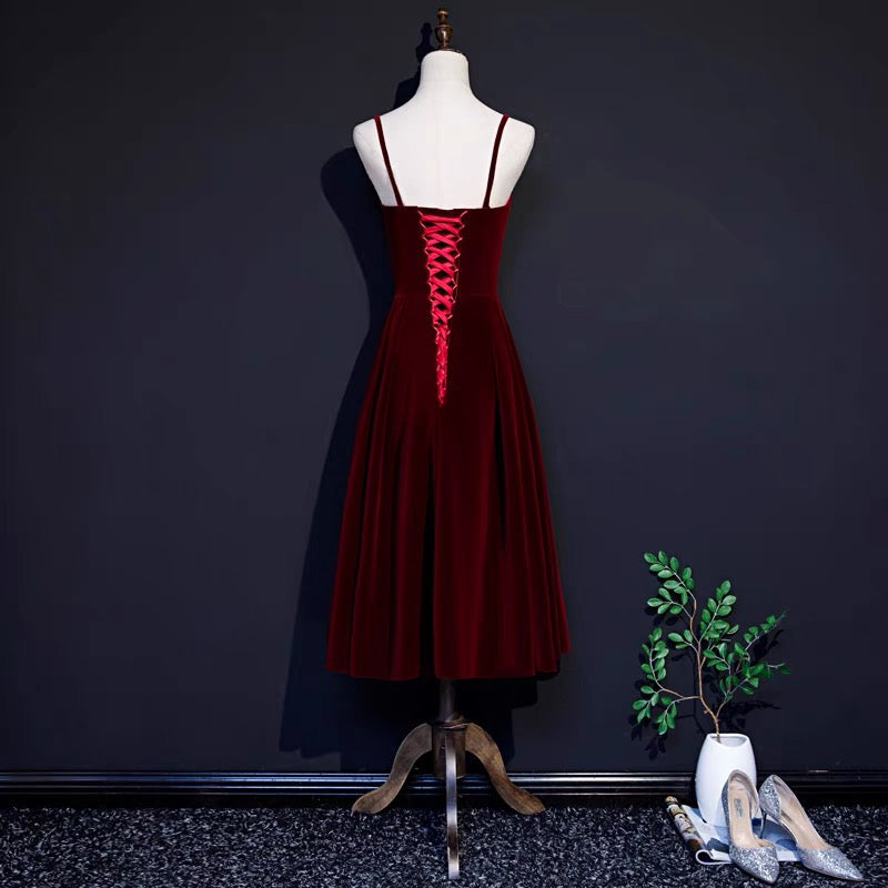 50s style Burgundy Velvet Short Prom Dress Bridesmaid Dress