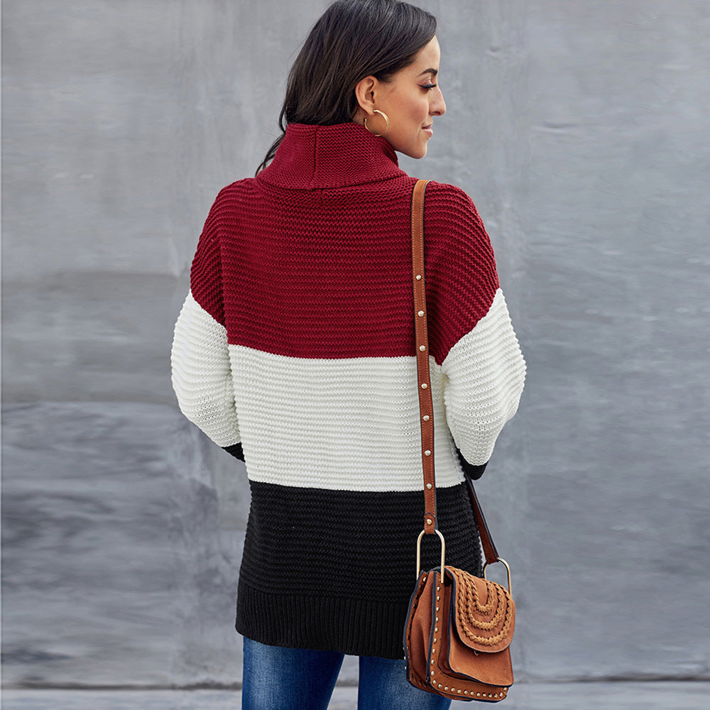 Winter sweater women stitching color high neck long sleeve pullover - ladieskits - sweatshirt vs sweater