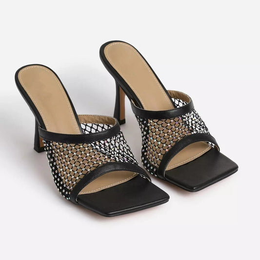 Lazada Square Head Mesh Slippers Women High Heels Sandals - ladieskits - 0