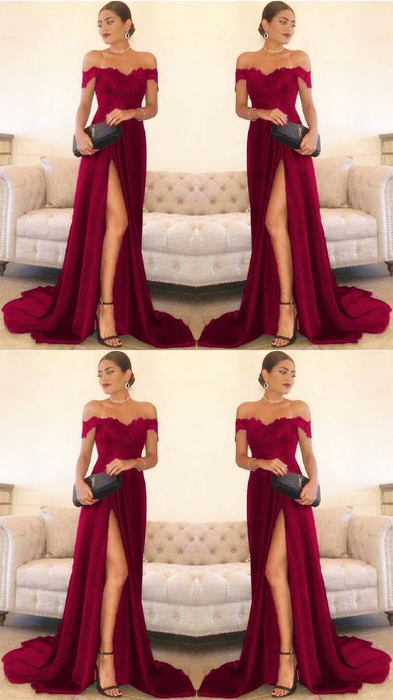 Burgundy Lace Top Prom Dress with Slit,Long Formal Gown,GDC1006