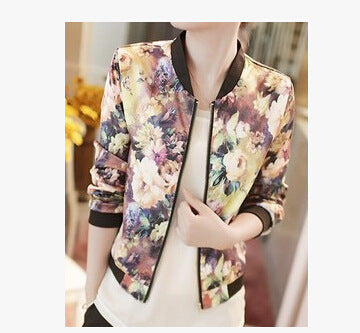 Jacket Trendy Wild Floral Zipper Stand Collar Long Sleeve Short Jacket Women - ladieskits - 0