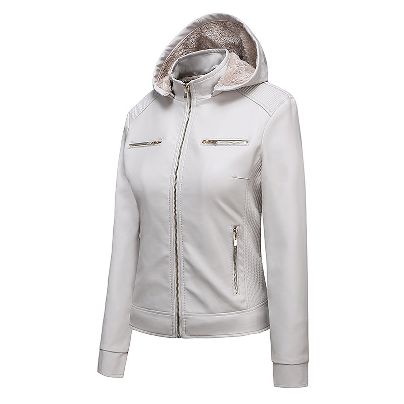 Women's warm casual hooded leather jacket - ladieskits - 0