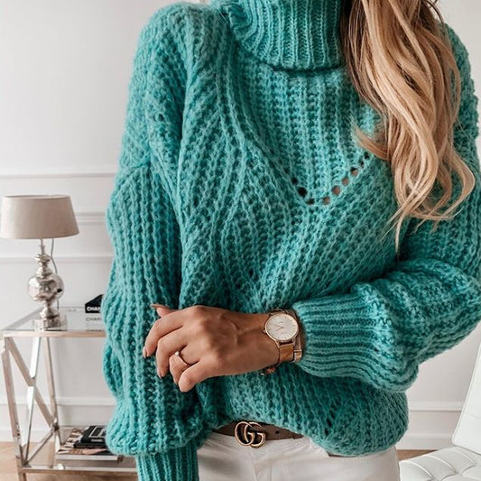Women's Autumn And Winter High-neck Green Long-sleeved Openwork Knitted Sweater - ladieskits - sweatshirt vs sweater