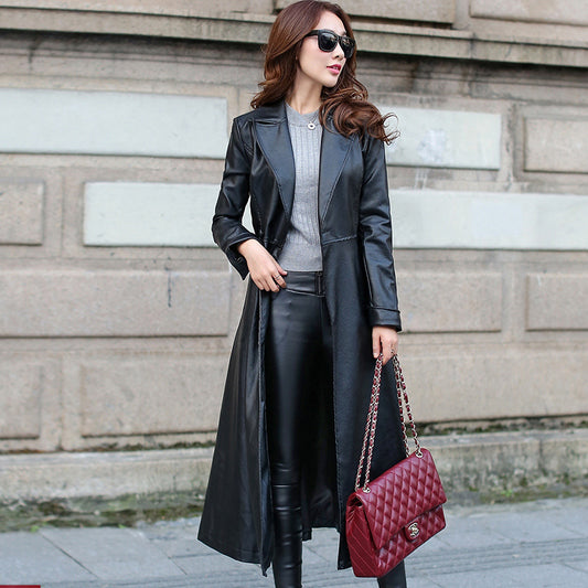 Thin PU leather long leather jacket - ladieskits - 0
